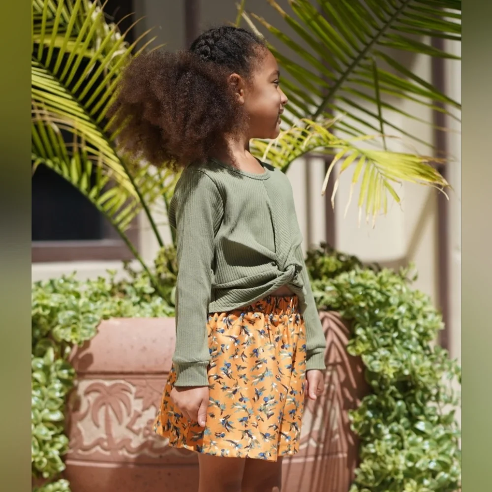 Girls Sage Green Waffle Knit Twist Front Top & Mustard Floral Skirt Set 2pc Boho